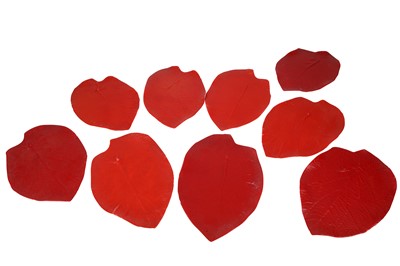 Lot 558 - LUESMA & VEGA, SPAIN, A SET OF NINE RED GLASS LEAF FORM DISHES, 21ST CENTURY