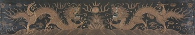 Lot 598 - A CHINESE EMBROIDERED BLACK-GROUND SILK 'DRAGON' PANEL.