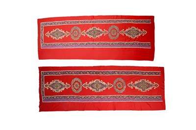 Lot 357 - A PAIR OF BOLD RED RASHT HANGINGS
