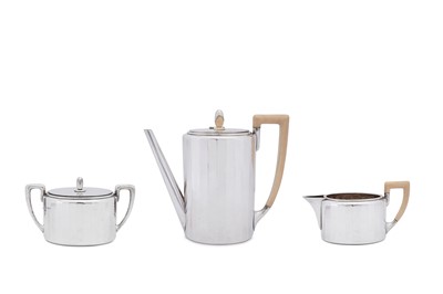 Lot 102 - An early 20th century Austrian 800 standard silver three-piece coffee service, Vienna circa 1910 by Alexander Sturm, retailed by Gebrüder Friedländer of Berlin