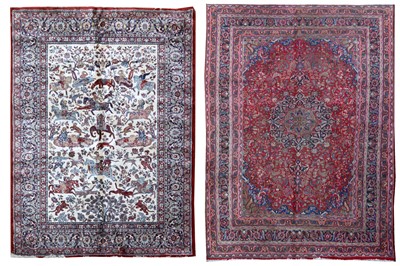 Lot 420 - A FINE MACHINE MADE MERCERISED COTTON CARPET OF HUNTING DESIGN