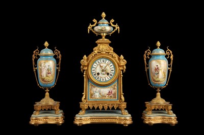 Lot 292 - A LATE 19TH CENTURY GILT BRONZE AND SEVRES STYLE  PORCELAIN MOUNTED CLOCK GARNITURE