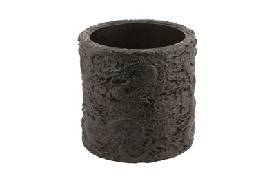 Lot 684 - A CHINESE HARDWOOD 'DRAGON' BRUSH POT, BITONG.
