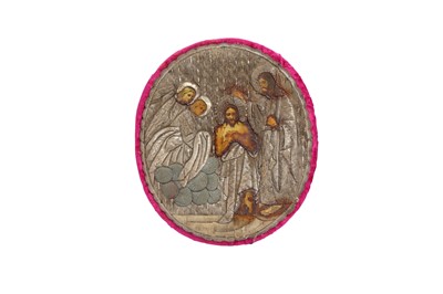 Lot 281 - A METAL THREAD-EMBROIDERED OVAL CHRISTIAN ICON OF THE BAPTISM OF CHRIST