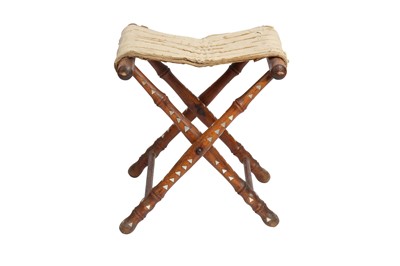 Lot 298 - Λ A SMALL MOTHER-OF-PEARL-INLAID BROWN WALNUT WOOD STOOL, POSSIBLY SYRIA OR TURKEY, 20TH CENTURY
