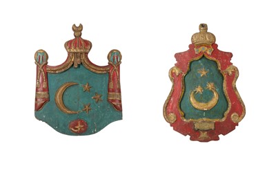 Lot 320 - TWO WOODEN GILT AND POLYCHROME-PAINTED BLAZONS
