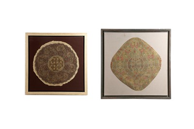 Lot 400 - A BROCADED PANEL AND A CIRCULAR EMBROIDERED PANEL