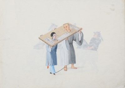 Lot 410 - A CHINESE ALBUM OF TWENTY-FIVE PITH PAINTINGS OF PUNISHMENTS.