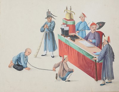 Lot 411 - A CHINESE ALBUM OF TWENTY-THREE PITH PAINTINGS OF PUNISHMENTS.