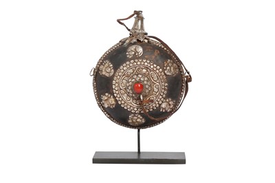 Lot 378 - A LEATHER AND ENGRAVED SILVER KOHL FLASK