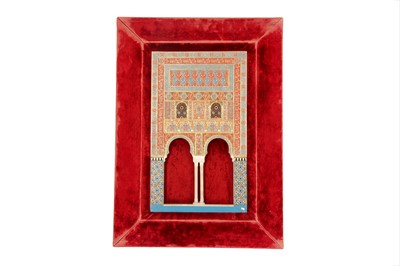 Lot 350 - A LARGE AND IMPRESSIVE GILT AND POLYCHROME-PAINTED PLASTER RELIEF PLAQUE OF THE ALHAMBRA PALACE