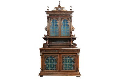 Lot 654 - λ AN IMPRESSIVE MOTHER-OF-PEARL-INLAID HARDWOOD AND STAINED GLASS ORIENTALIST CUPBOARD
