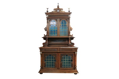 Lot 323 - λ AN IMPRESSIVE MOTHER-OF-PEARL-INLAID HARDWOOD AND STAINED GLASS ORIENTALIST CUPBOARD