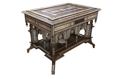 Lot 331 - λ A LARGE AND IMPRESSIVE HARDWOOD MOTHER-OF-PEARL AND IVORY-INLAID ORIENTALIST TABLE