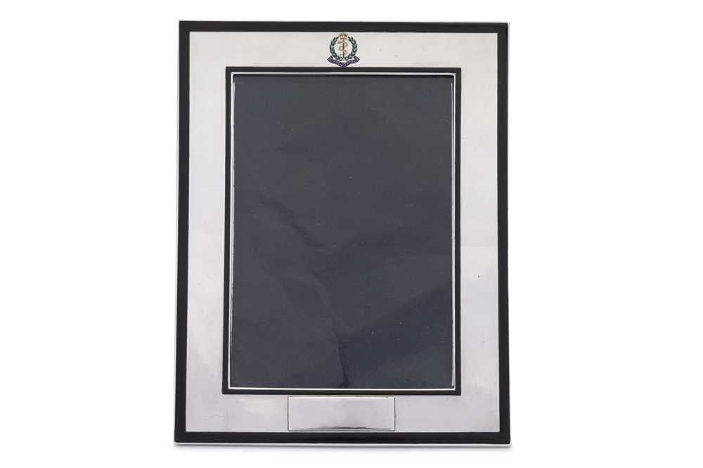 Lot 122 - A George V sterling silver and enamel photograph frame, London 1933 by Goldsmiths and Silversmiths