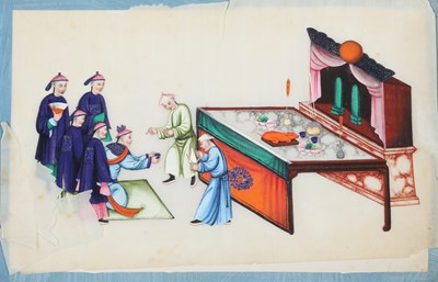 Lot 417 - A CHINESE ALBUM OF NINE PITH PAINTINGS OF FIGURES.