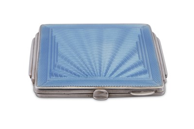Lot 52 - An Edward VIII sterling silver and guilloche enamel art deco compact, Birmingham 1936 by W I Broadway & Co