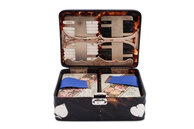Lot 77 - A Victorian sterling silver mounted tortoiseshell games casket, London 1893 by Atkin Brothers