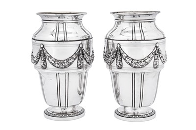 Lot 411 - A pair of early 20th century French 950 standard silver vases, Paris circa 1900 by Boin Taburet