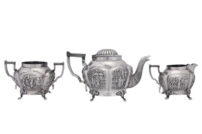 Lot 177 - An early 20th century Anglo – Indian unmarked white metal three-piece tea service, Calcutta circa 1930