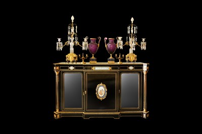 Lot 77 - A FINE 19TH CENTURY FRENCH EBONISED, ORMOLU AND PORCELAIN MOUNTED SIDE CABINET