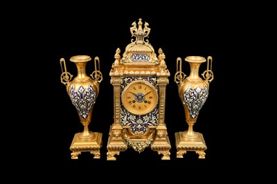 Lot 280 - A LATE 19TH CENTURY FRENCH CLOISONNE ENAMEL CLOCK GARNITURE