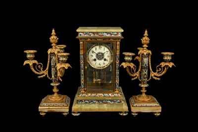 Lot 281 - A LATE 19TH CENTURY FRENCH ONYX AND CLOISONNE ENAMEL CLOCK GARNITURE