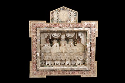 Lot 33 - A JERUSALEM MOTHER OF PEARL, ABALONE AND OLIVEWOOD DIORAMA DEPICTING THE LAST SUPPER