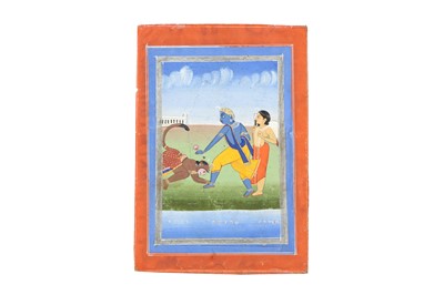 Lot 25 - AN ILLUSTRATION FROM A RAMAYANA SERIES: HANUMAN SHOWING HIS DEVOTION TO RAMA