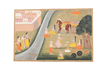 Lot 29 - AN ILLUSTRATION TO A RAMAYANA SERIES: RAMA, SITA AND LAKSHMANA RETURNING TO AYODHYA
