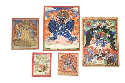 Lot 40 - TWELVE BUDDHIST DEVOTIONAL PAINTED ICONS AND AUSPICIOUS SYMBOLS
