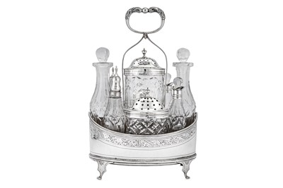 Lot 517 - A George III sterling silver nine bottle cruet, London 1796 by Frances Purton (reg. 4th March 1783)