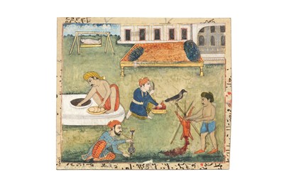Lot 93 - A VILLAGE SCENE AND TWO PAINTINGS OF YOGIS