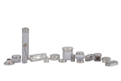 Lot 602 - A MIXED GROUP OF STERLING SILVER MOUNTED GLASS DRESSING TABLE JARS