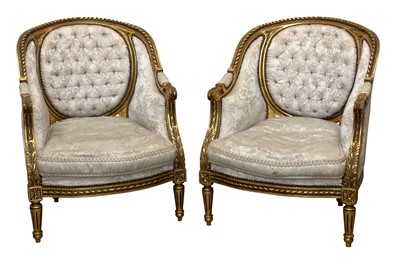 Lot 144 - A PAIR OF LOUIS XVI STYLE GILT WOOD SALON CHAIRS, 20TH CENTURY