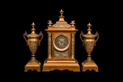 Lot 286 - A LATE 19TH CENTURY FRENCH GILT AND SILVERED BRONZE CLOCK GARNITURE