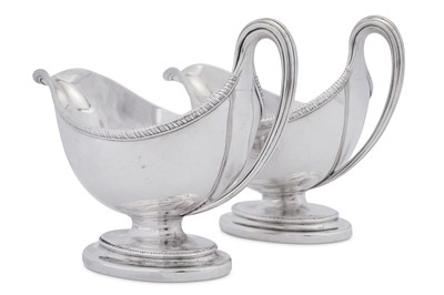 Lot 513 - Earl of Burlington - A pair of George III sterling silver sauceboats, London 1784 by Edward Wakelin and William Taylor (reg. 25th Sep 1776)