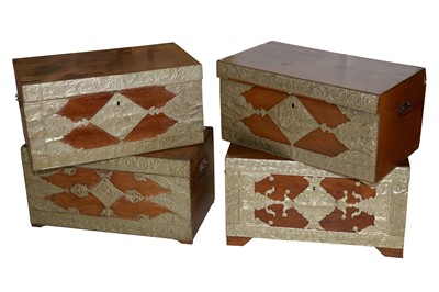 Lot 466 - A NEAR PAIR OF BRASS BOUND AND HARDWOOD STORAGE TRUNKS, SOUTH EAST ASIAN, 20TH CENTURY
