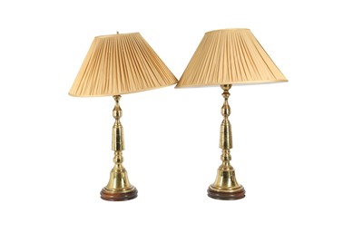 Lot 521 - A PAIR OF TALL BRASS LAMPS, POSSIBLY INDIAN, LATE 19TH / EARLY 20TH CENTURY