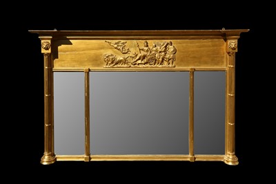 Lot 112 - AN EARLY 19TH CENTURY GILTWOOD AND GESSO WALL MIRROR OF CLASSICAL THEME