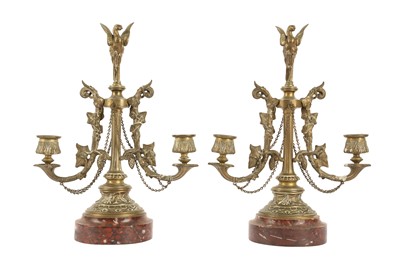 Lot 69 - A PAIR OF LATE 19TH CENTURY FRENCH BRONZE AND MARBLE CANDELABRA