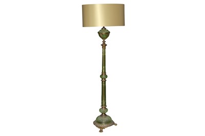 Lot 42 - A VICTORIAN PALE GREEN GLASS AND GILT METAL KEROSENE STANDARD LAMP BASE