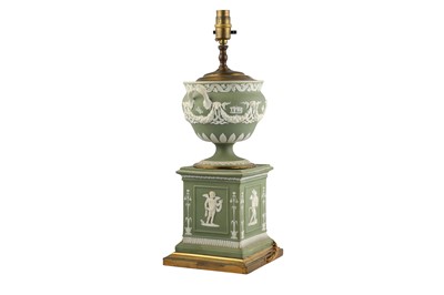 Lot 120 - A SAGE GREEN WEDGWOOD TWIN HANDLED VASE, 19TH/20TH CENTURY
