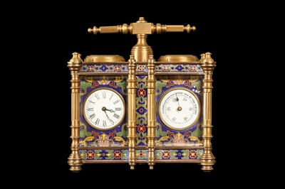 Lot 297 - A BRONZE AND CLOISONNE ENAMEL COMBINED DESK CLOCK / BAROMETER