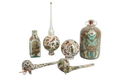Lot 227 - GLASS: TWO SIMILAR DECALCOMANIA RETORT FLASKS, PROBABLY 20TH CENTURY