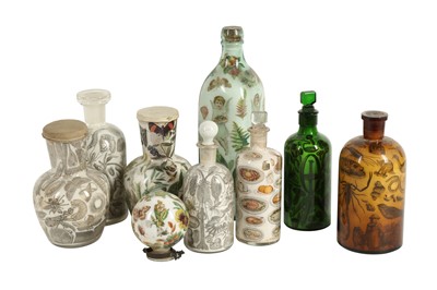 Lot 231 - GLASS: TWO CLEAR GLASS DECALCOMANIA DECANTER FORM VASES, MID 20TH CENTURY