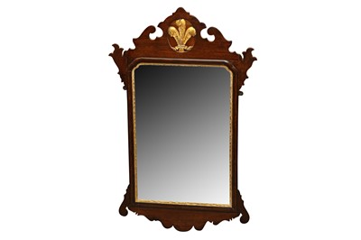 Lot 86 - A GEORGE III STYLE EDWARDIAN MAHOGANY AND PARCEL GILT FRETWORK MIRROR