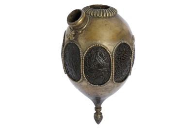 Lot 312 - A QAJAR TINNED COPPER QALYAN BOTTLE WITH SUFI-THEMED COCO DE MER PLAQUES