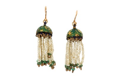 Lot 243 - A PAIR OF INDIAN CHHAJJA EARRINGS CAPARISONED WITH SEED PEARLS