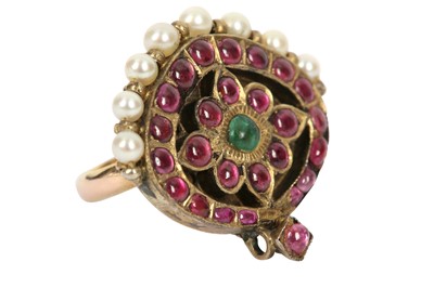 Lot 241 - A PEARL, RUBY AND SPINEL-ENCRUSTED RING